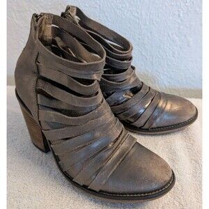 Free People Booties Sz 37 US 7 Silver Hybrid Leather Strappy Ankle Boots Heeled